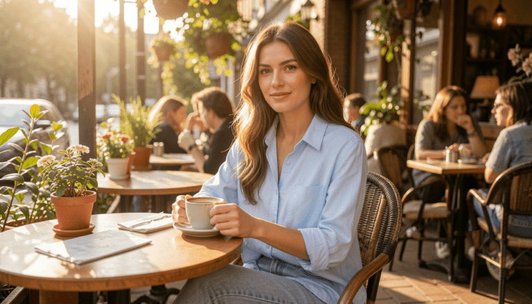 light blue shirt outfit woman
